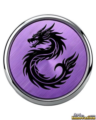 Curled horns top a black dragon centered on a purple brushed metal medallion
