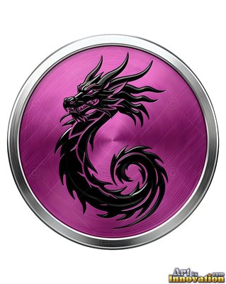A black dragon curves in a curled s form on a brushed purple medallion with silver trim