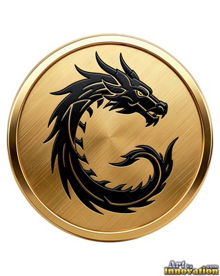 Curled inside a round gold medallion, a dragon curves into a circle