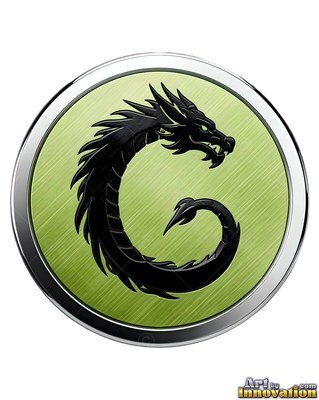 A black metal dragon curls in a round silver badge with a pale green center