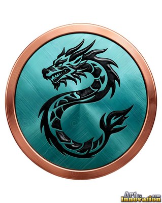 Framed by a round bronze frame, a black tribal dragon curves on brushed teal metal