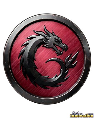 Curled in a round metal medallion, a dark steel dragon settles on a brushed red plate
