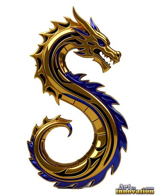Shiny gold scales cover an S-shaped dragon with blue trim against a plain white space