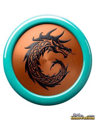 A black dragon curls inside a copper medallion encircled by a bright turquoise ring