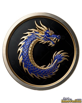 Curled in a C shape inside a round medallion, a blue and gold dragon faces right