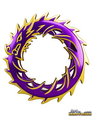 A metallic purple and gold dragon biting its tail to form a circle