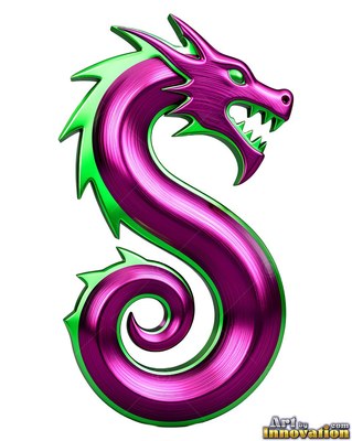Against a white space, a shiny purple metallic dragon curves in a S shape with green trim