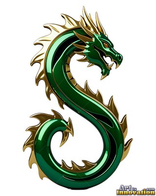Curling into a S-shape, a green and gold metallic dragon bares its teeth