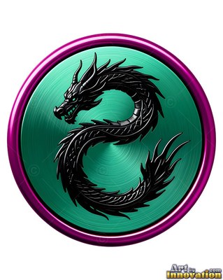 Dragon in black coiled in a curled s form on a teal medallion