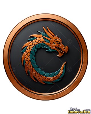 Copper and teal scales cover a coiled dragon resting framed by a round metal medallion