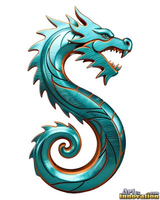 A metallic teal dragon coils into a figure s, lined with orange along the inner edges