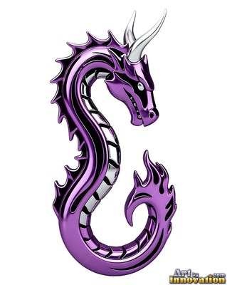 Curled in an S-shape on a white field, a shiny purple dragon has silver horns