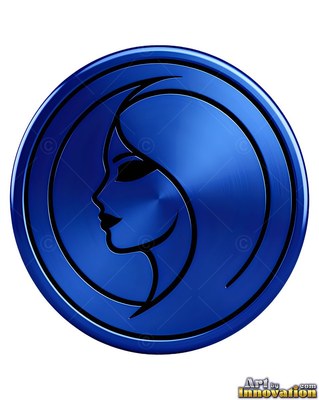 A shiny blue metal medallion with a profile of a human head and long hair inside
