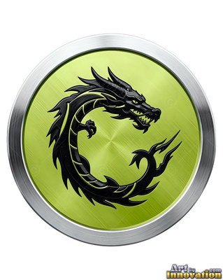 Inside a round green medallion, a deep black dragon loops into a circular shape