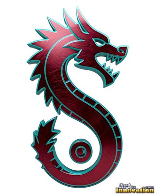 Curling into a S shape, a red dragon bares its teeth with teal trim