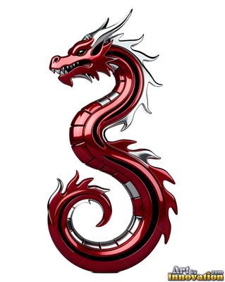 Red and silver metallic dragon curving in a figure s