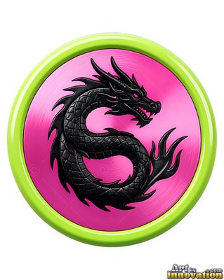 Dark scales cover a dragon coiled inside a round pink badge with a lime rim