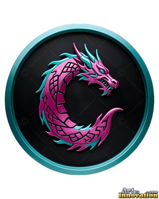 A metallic dragon coils into a C shape inside a round frame with shiny magenta scales