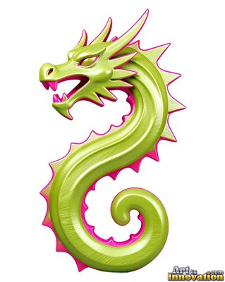 Curling into an S-shape on a white field, a light green dragon with pink trim