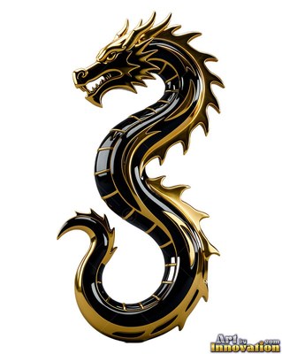 A shiny gold and dark dragon curves into a S shape against white