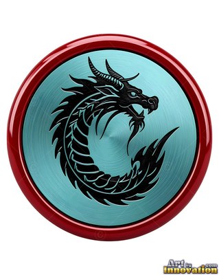 Within a circular red and teal medallion, a coiled black metallic dragon lies