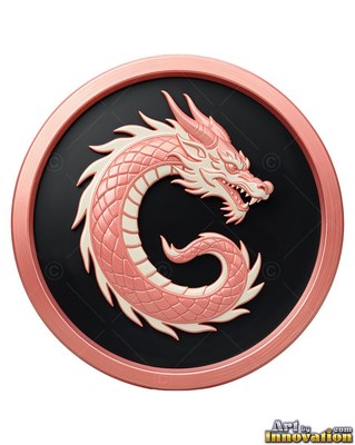 Curling set within a circular medallion, a pink metal dragon bares its teeth on a black disc