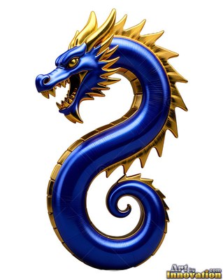 Metallic blue dragon coiled like an S with gold spines