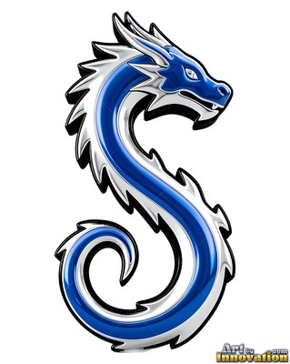 Spiky silver mane on an S-shaped blue chrome dragon against a plain white background