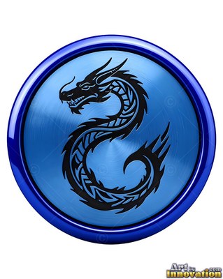 A dark dragon curls within a circular medallion made of brushed blue metal