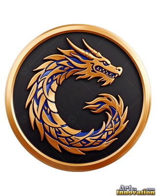 Curled in a circle on a round dark medallion, a gold and blue dragon