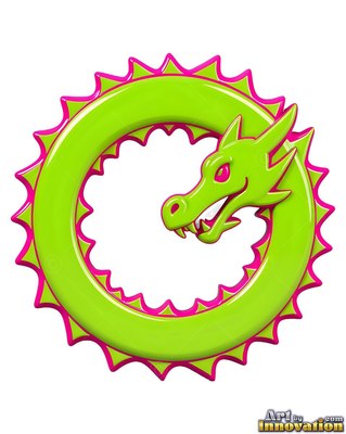 Lime green dragon head coiled inside a spiked circle trimmed in hot pink