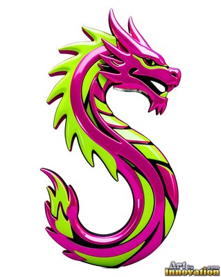 Curling into a curving s, a polished dragon shines in glossy pink and lime green