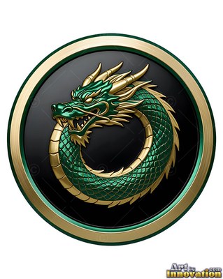 Shiny gold horns tip a green dragon coiled in a circle inside a round metal badge