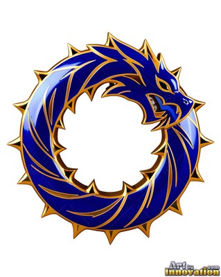 A blue metal dragon coils into a spiky circle, shining with gold trim and white highlights