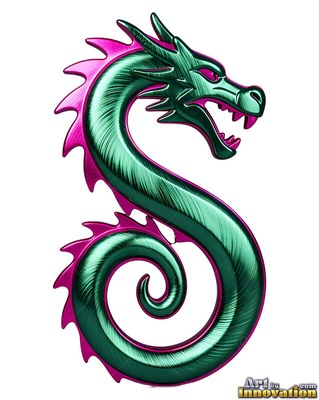 Coiled in an S-shape on a white field, a green dragon shows pink spines