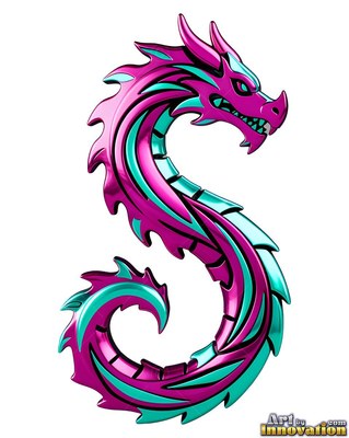 A metallic dragon in shiny pink and teal curves its body into the shape of an S