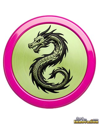 Inside a pink round medallion, a black serpent dragon coils in a figure s