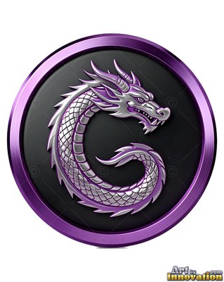 Curling into a tight circle, a silver metal dragon settles on a dark round badge with purple trim