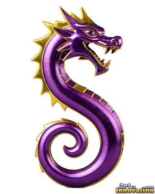 Purple metallic scales cover an S-shaped dragon with gold spines against white