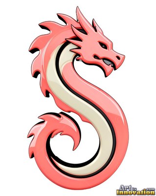 A pink metallic dragon coils into a curled s form, with glossy highlights along the body