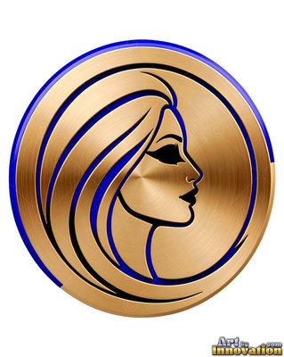 Facing right in profile in a round gold medallion, a human face with long hair