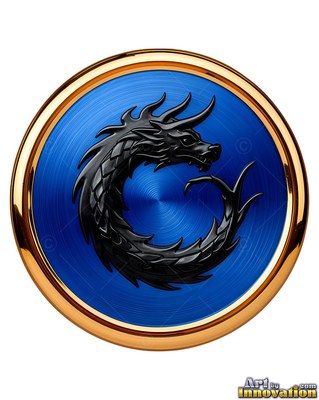 A dark dragon winds inside a round blue medallion with a gold rim