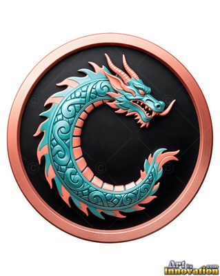On a black circle within a bronze rim, a teal dragon curls into a C shape