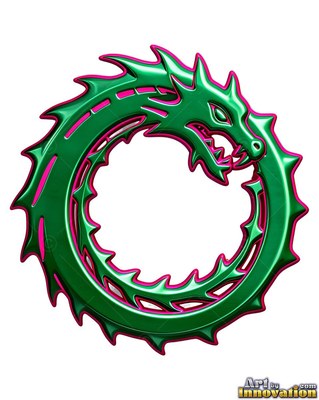 Biting its own spiky tail, a metallic green dragon forms a round emblem outlined in pink