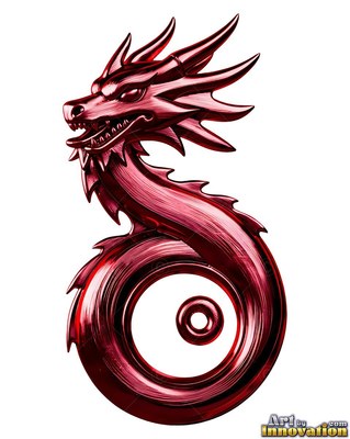 Polished red metallic dragon coiled in a winding s curve