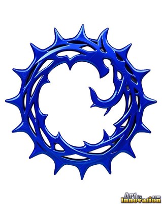 Spiky outer scales wrap around a blue metallic dragon curled on a plain background