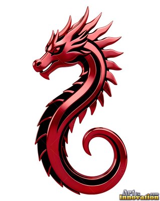 A metal dragon curves into an S shape with shiny red highlights along its back