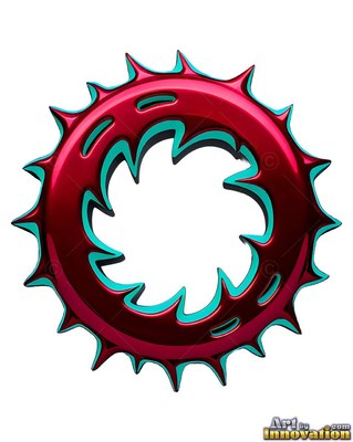 Coiled into a circle on plain white, a red and teal metal dragon medallion