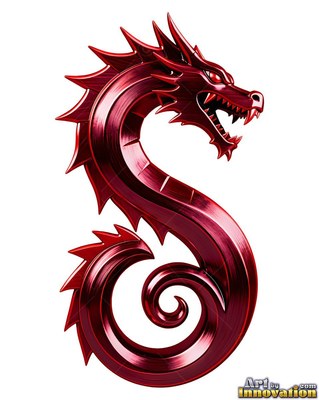 Shiny red metallic dragon shaped like a S with an open mouth