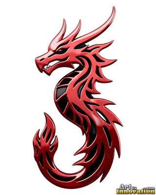 On a plain white background, a red metal dragon curves its body into a winding s curve